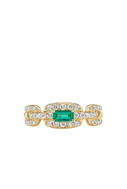 Stax Chain Link Stone Ring In 18K Yellow Gold With Pavé Diamonds And Emerald